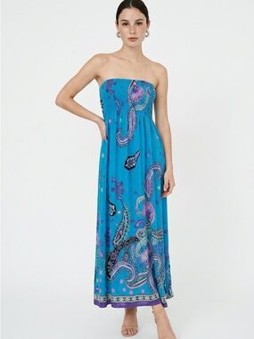 India Boutique Paisley Print Strapless Elastic Bodice Blue Women's Maxi Dress